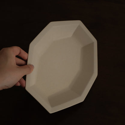 POISSON French Retro Ash White Long Octagonal Deep Plate Ceramic Underglazed Powdered Glaze Stoneware