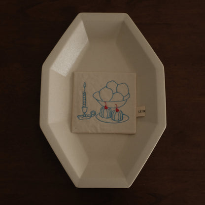 POISSON French Retro Ash White Long Octagonal Deep Plate Ceramic Underglazed Powdered Glaze Stoneware