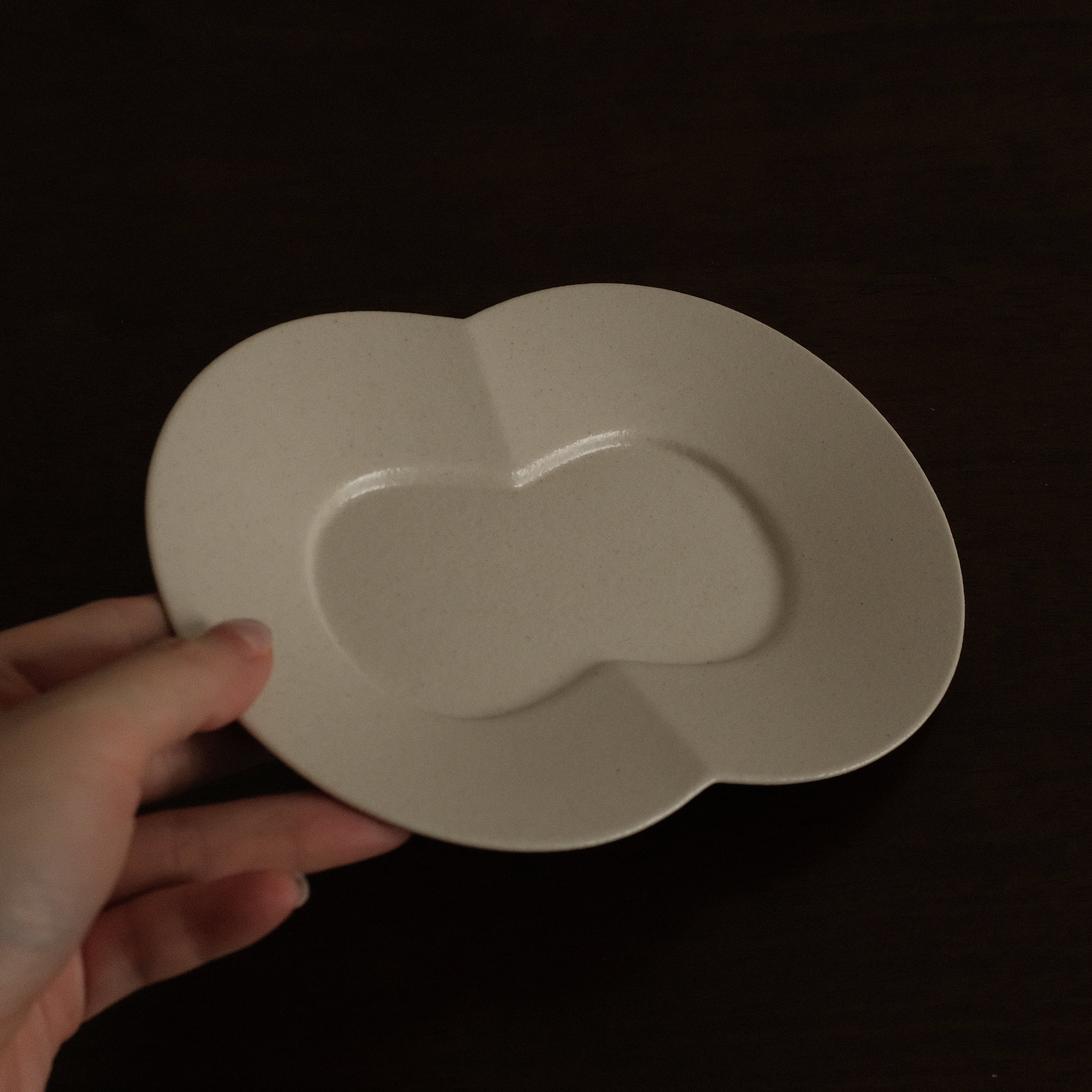 BLANCHETTE French Retro Ash White Two Petals Small Dish Plate Ceramic Underglazed Powdered Glaze Stoneware