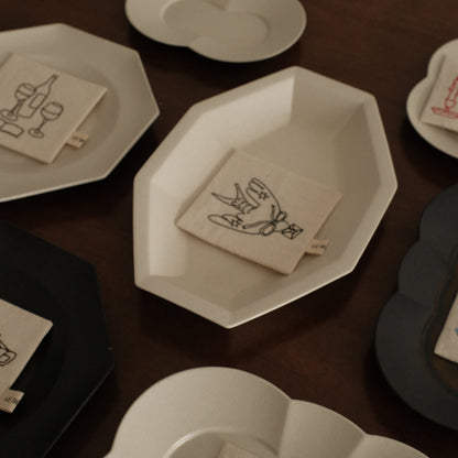 POISSON French Retro Ash White Long Octagonal Deep Plate Ceramic Underglazed Powdered Glaze Stoneware