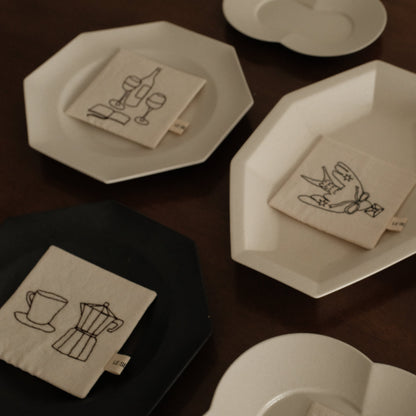 Le Serein Evening Reading Time with Wine Pattern Hand Embroidered French Linen Coasters Heat Insulation Table Mats Decorations