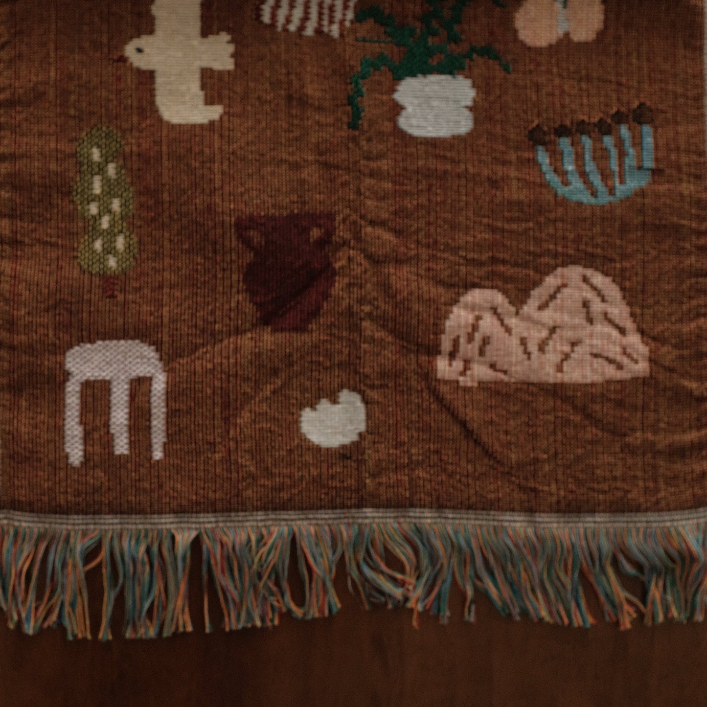 MAISIE Brown Pony Whimsical Retro Style Decorative Knitted Tapestry Blanket with Fringe