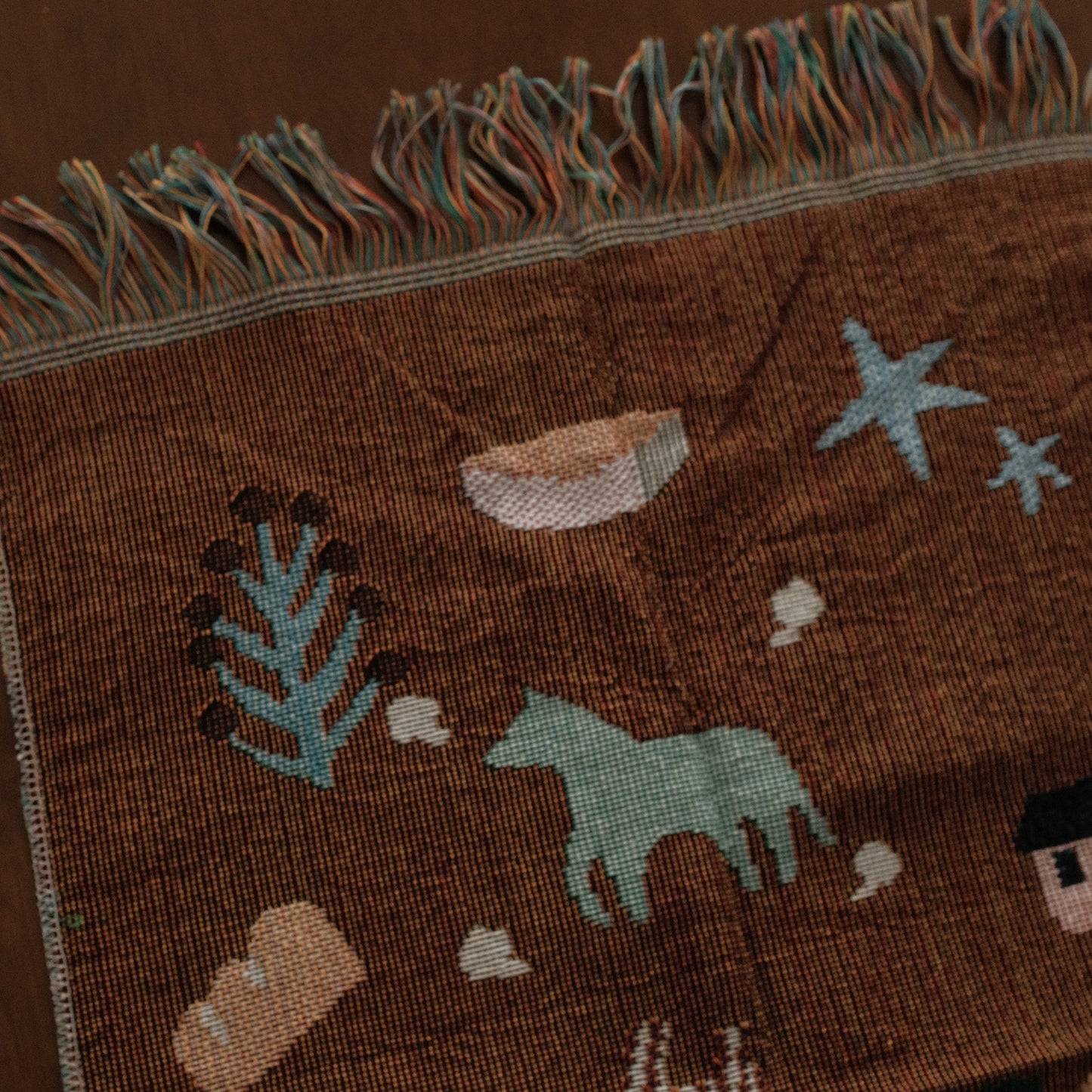 MAISIE Brown Pony Whimsical Retro Style Decorative Knitted Tapestry Blanket with Fringe