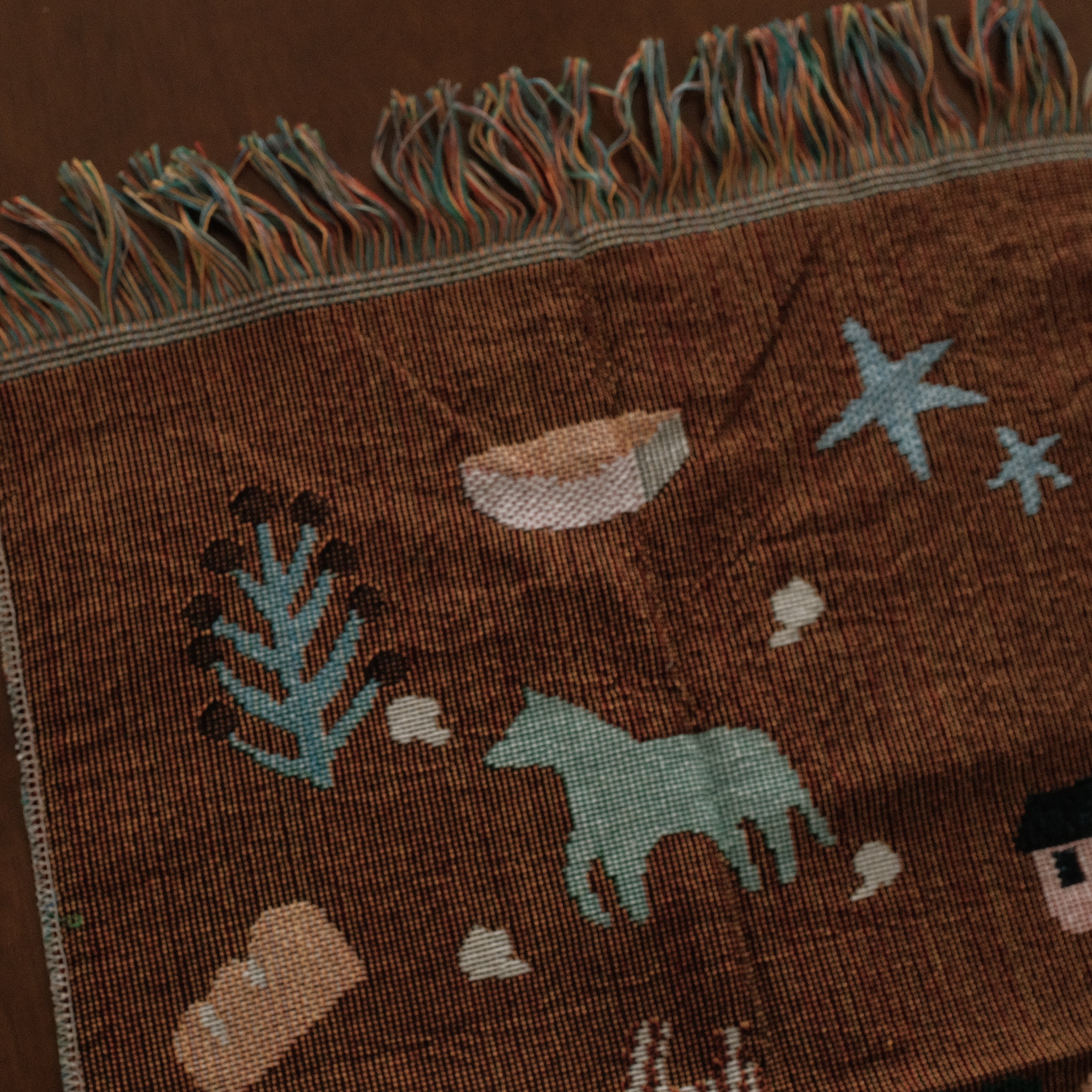 MAISIE Brown Pony Whimsical Retro Style Decorative Knitted Tapestry Blanket with Fringe