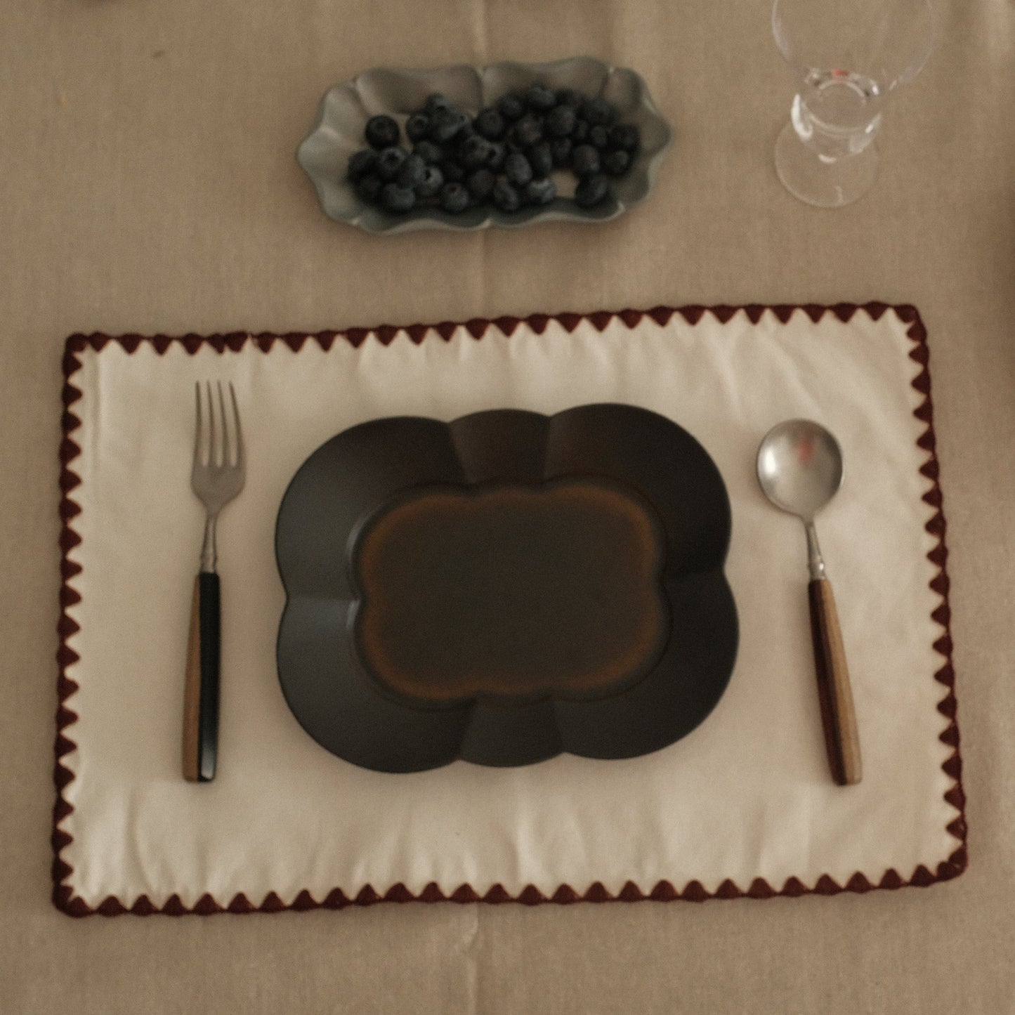 ELISE French Linen Cotton Maroon Red Embroidered Linings Heat Insulation Table Placemat