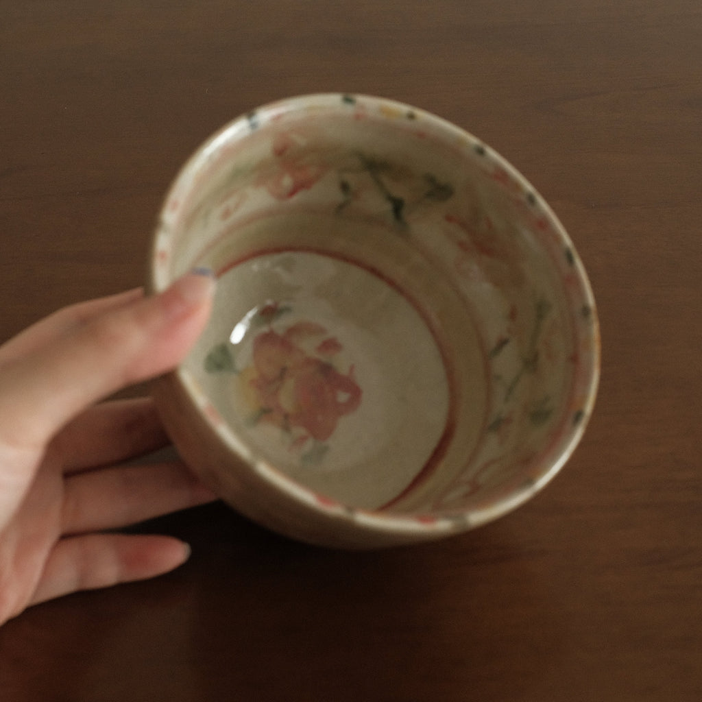 Annan Azure Retro Style Hand Painted Akai Kiiro Red Yellow Floral Motifs Chawan Matcha Bowl Underglazed Stoneware Ceramic