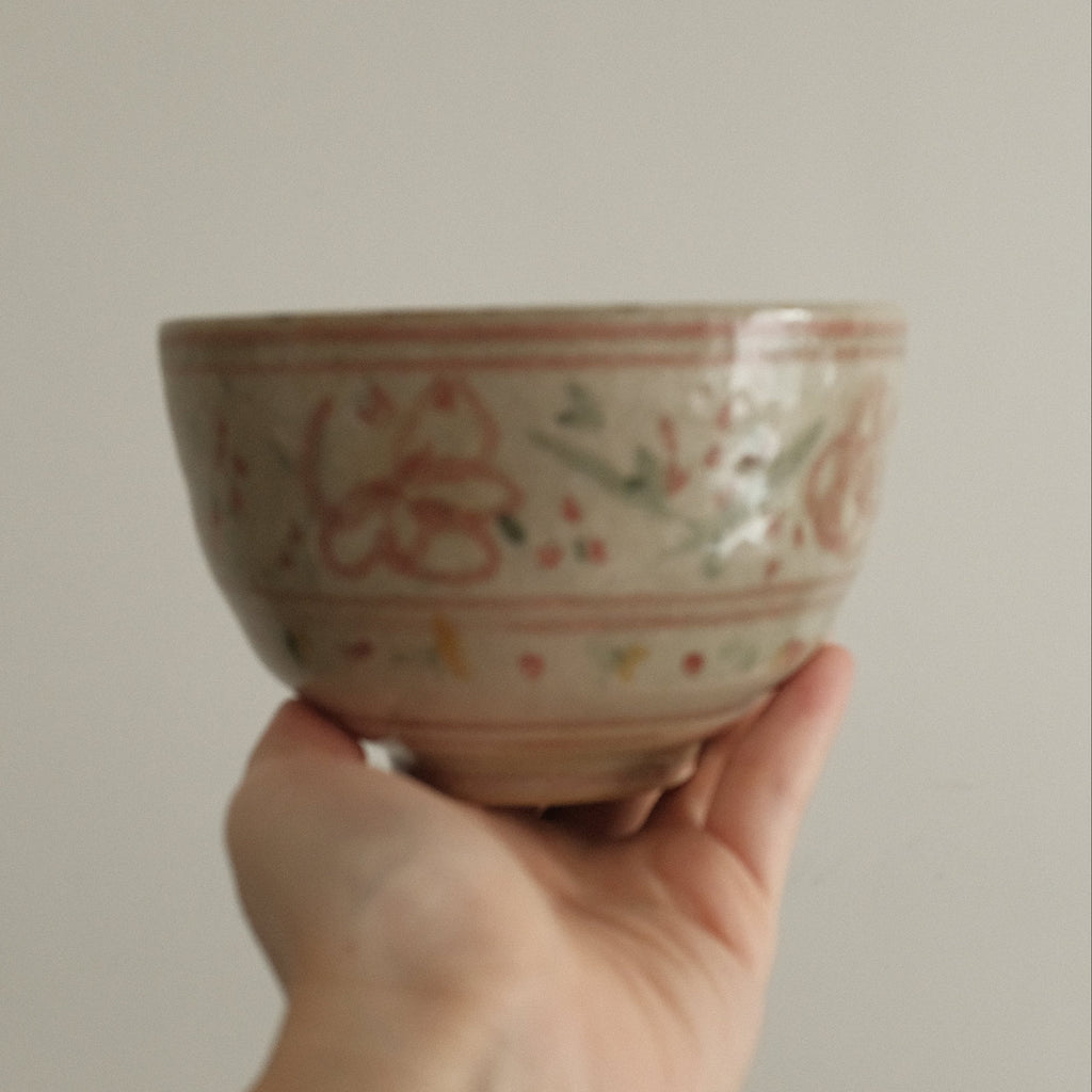 Annan Azure Retro Style Hand Painted Akai Kiiro Red Yellow Floral Motifs Chawan Matcha Bowl Underglazed Stoneware Ceramic