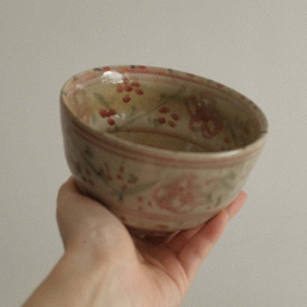 Annan Azure Retro Style Hand Painted Akai Kiiro Red Yellow Floral Motifs Chawan Matcha Bowl Underglazed Stoneware Ceramic