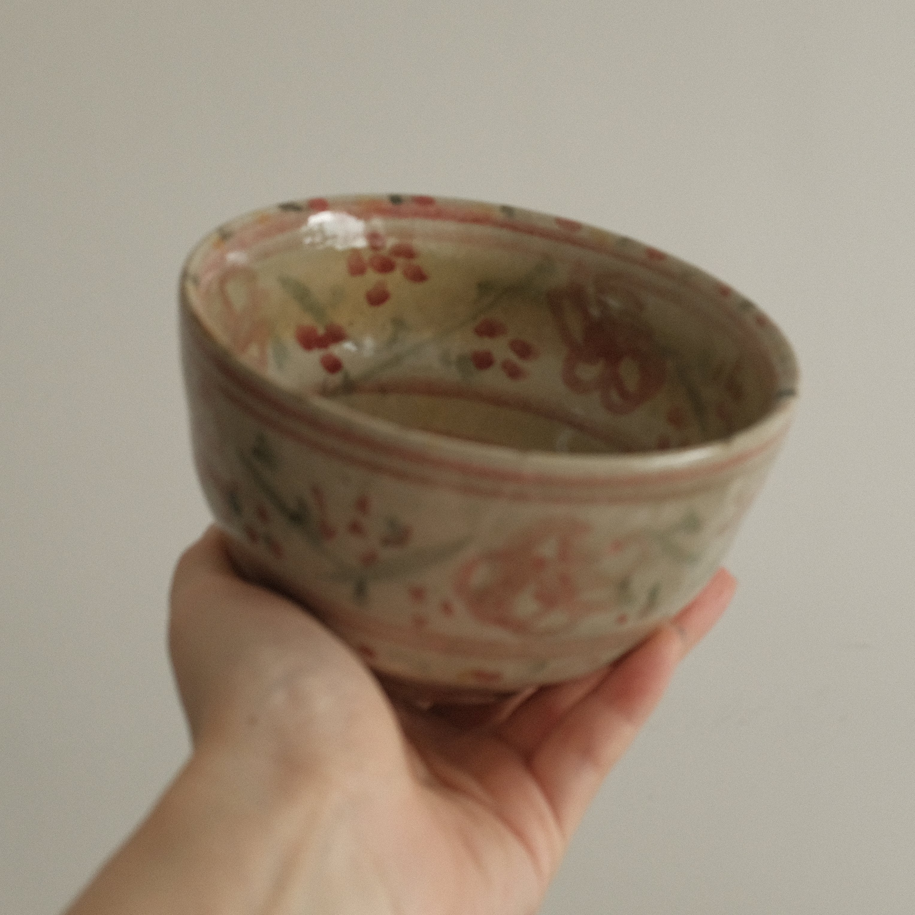 Annan Azure Retro Style Hand Painted Akai Kiiro Red Yellow Floral Motifs Chawan Matcha Bowl Underglazed Stoneware Ceramic