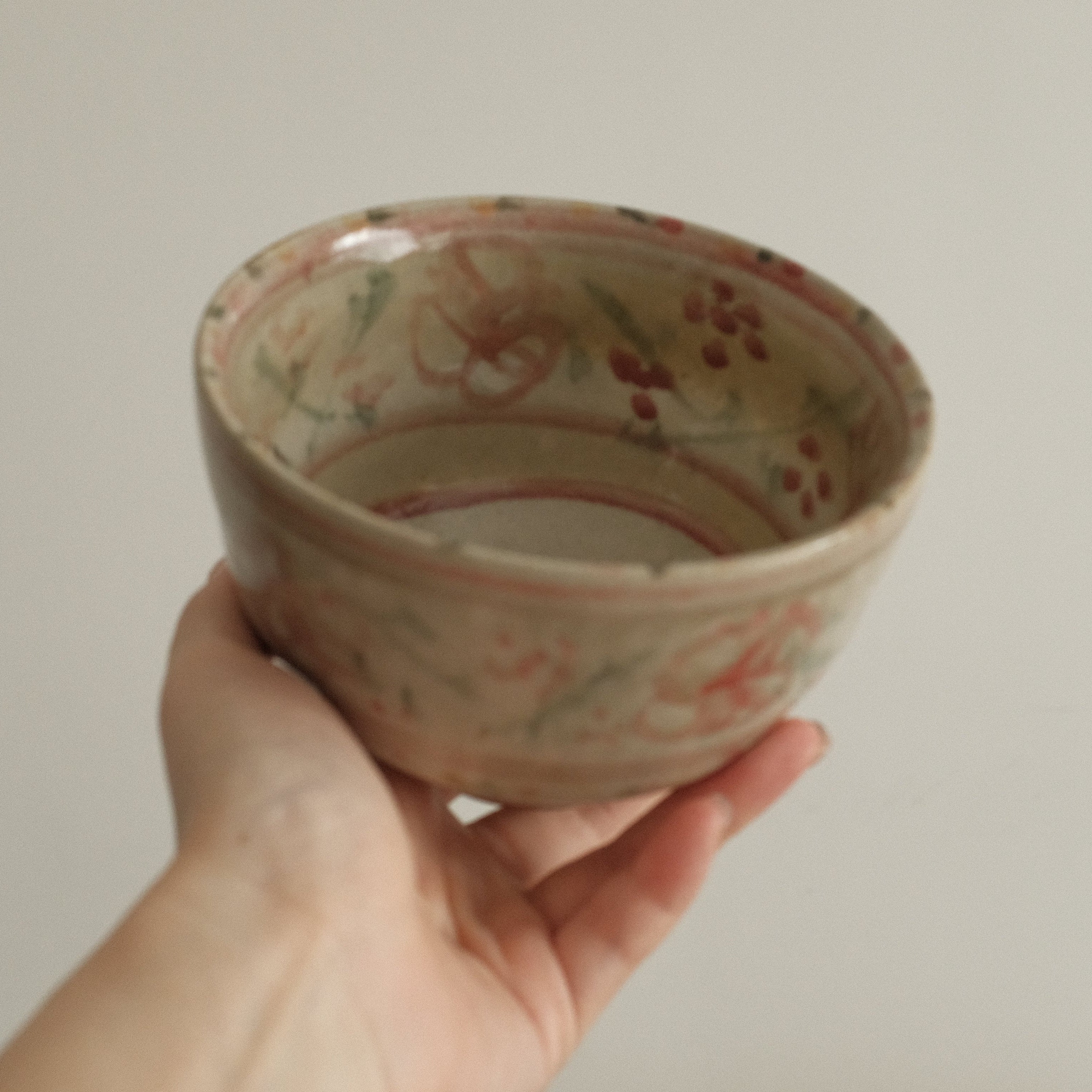 Annan Azure Retro Style Hand Painted Akai Kiiro Red Yellow Floral Motifs Chawan Matcha Bowl Underglazed Stoneware Ceramic