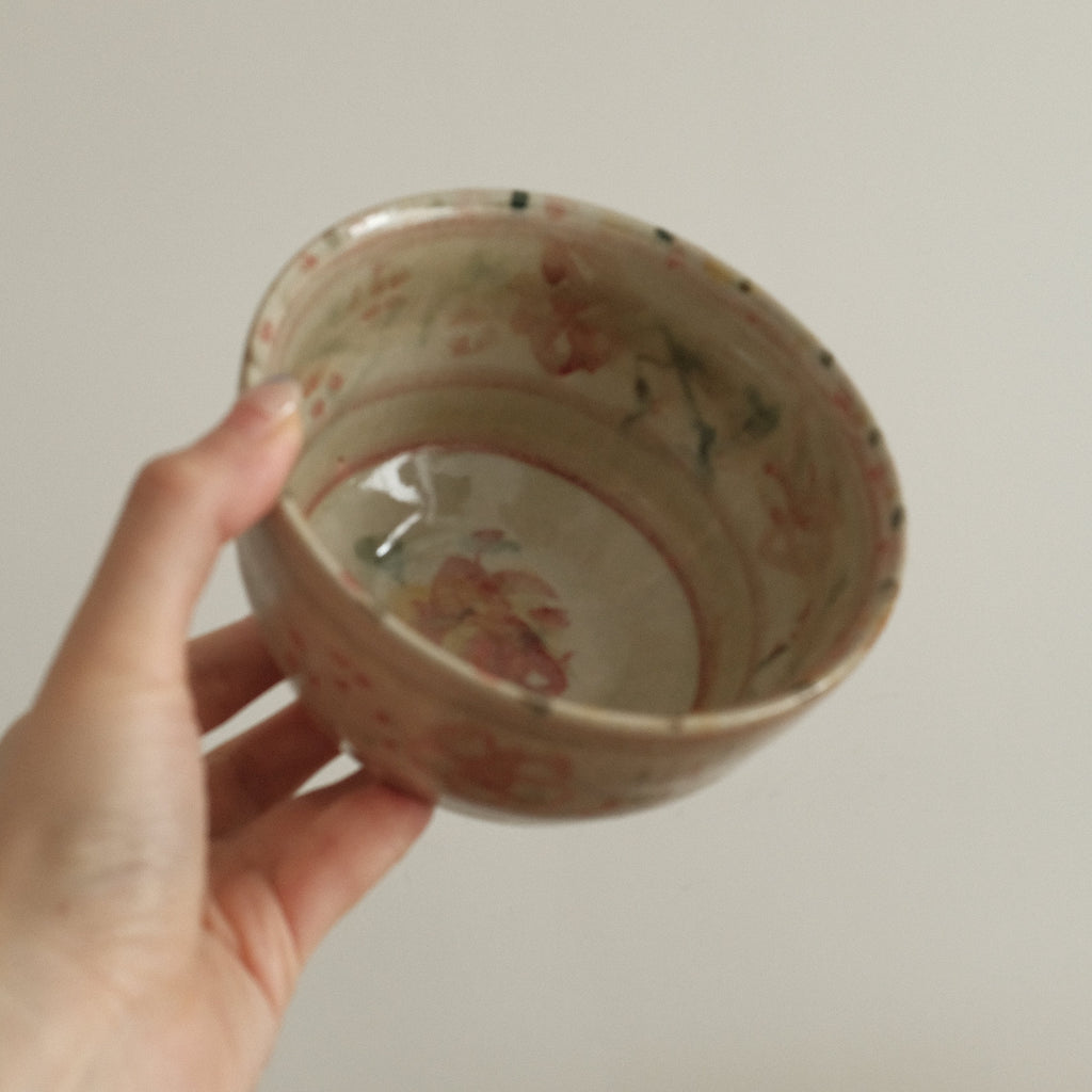 Annan Azure Retro Style Hand Painted Akai Kiiro Red Yellow Floral Motifs Chawan Matcha Bowl Underglazed Stoneware Ceramic