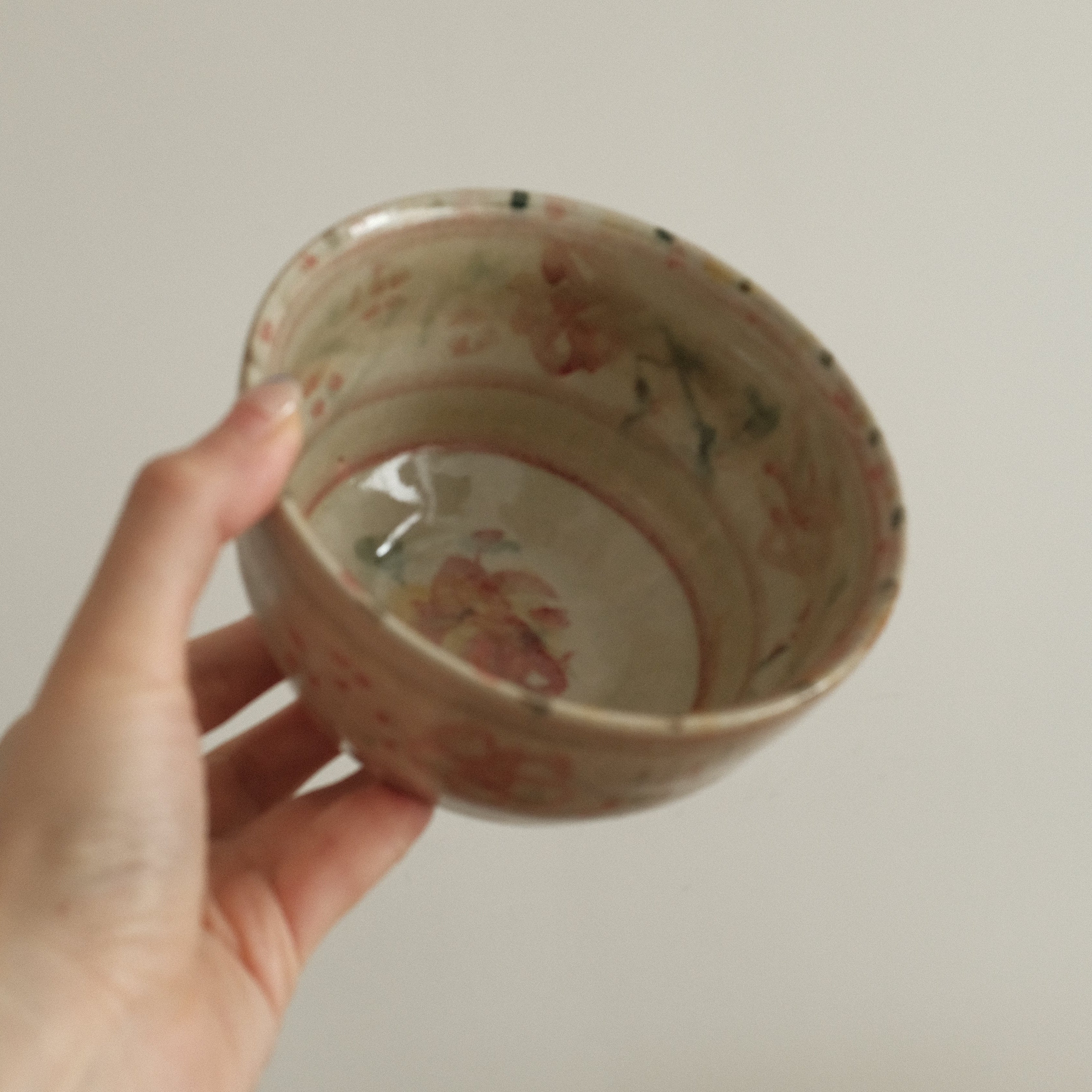 Annan Azure Retro Style Hand Painted Akai Kiiro Red Yellow Floral Motifs Chawan Matcha Bowl Underglazed Stoneware Ceramic