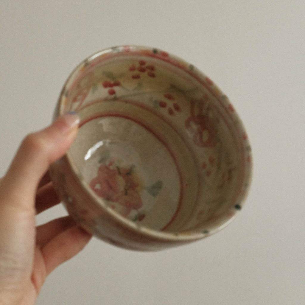 Annan Azure Retro Style Hand Painted Akai Kiiro Red Yellow Floral Motifs Chawan Matcha Bowl Underglazed Stoneware Ceramic