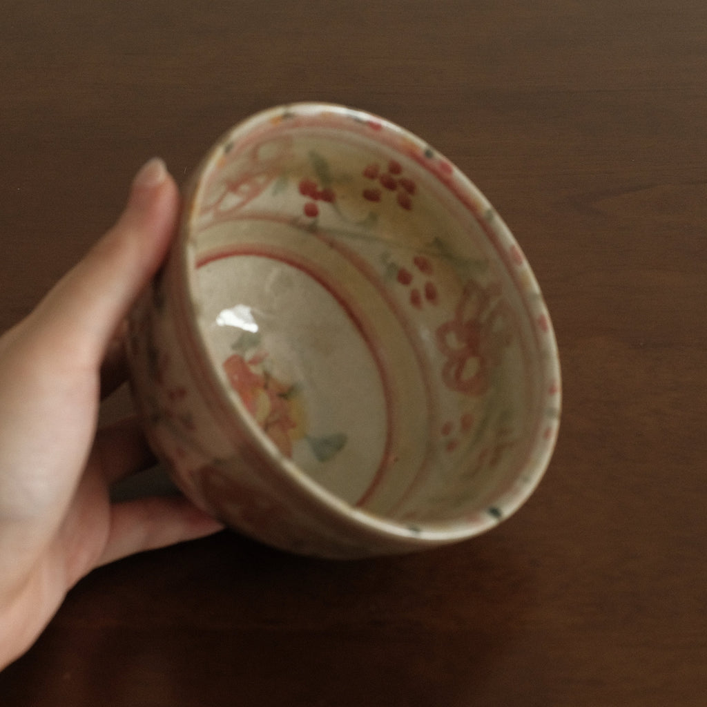 Annan Azure Retro Style Hand Painted Akai Kiiro Red Yellow Floral Motifs Chawan Matcha Bowl Underglazed Stoneware Ceramic