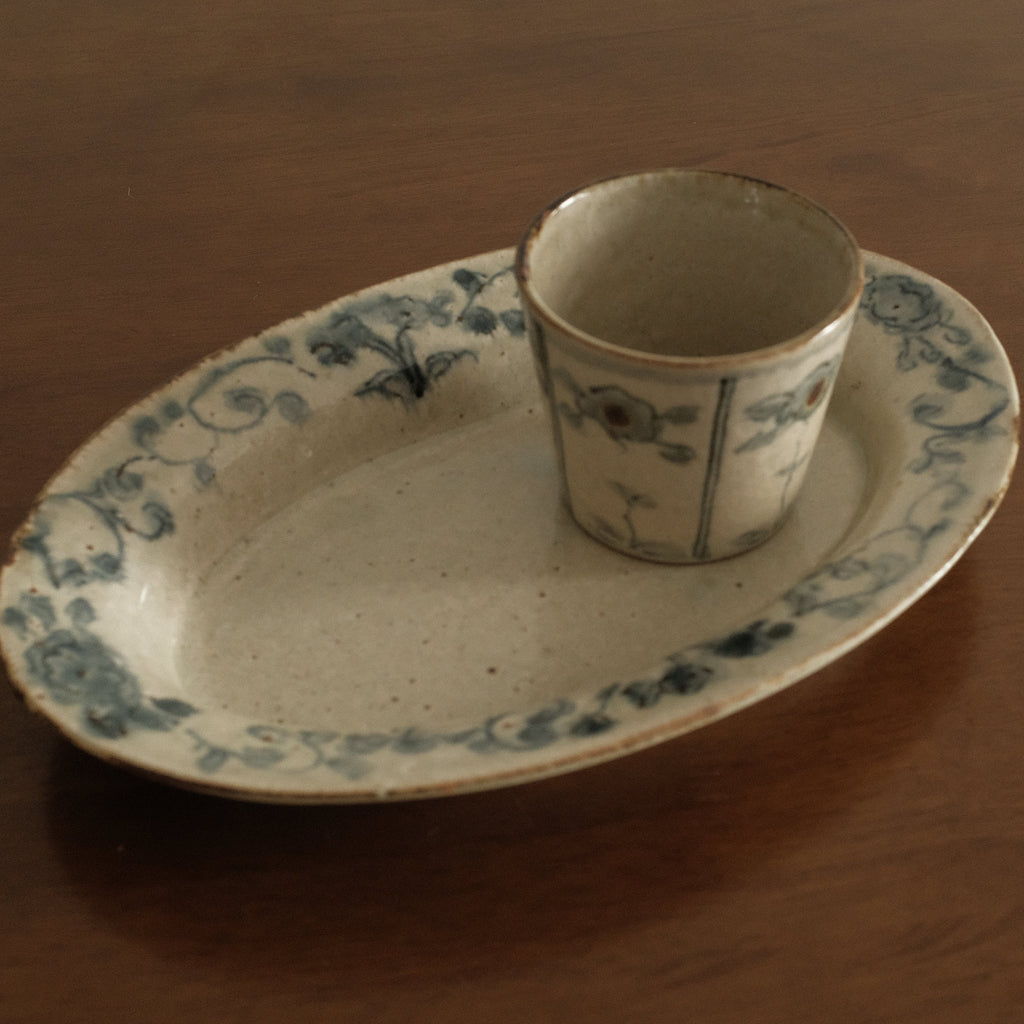 Annan Azure Retro Style Hand Painted Blue and White Floral Motifs Choko Cup Underglazed Stoneware Ceramic