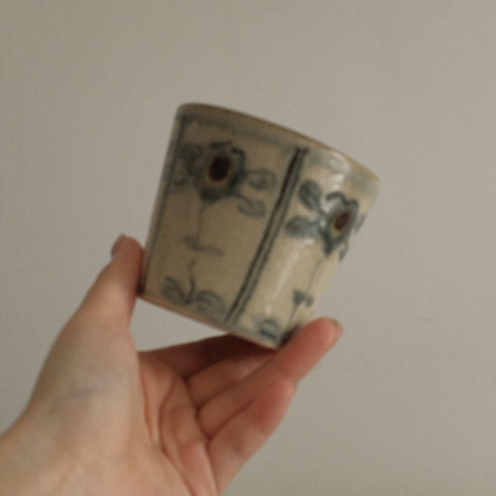 Annan Azure Retro Style Hand Painted Blue and White Floral Motifs Choko Cup Underglazed Stoneware Ceramic