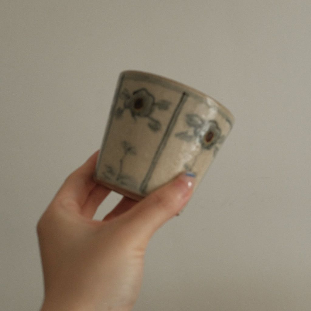 Annan Azure Retro Style Hand Painted Blue and White Floral Motifs Choko Cup Underglazed Stoneware Ceramic