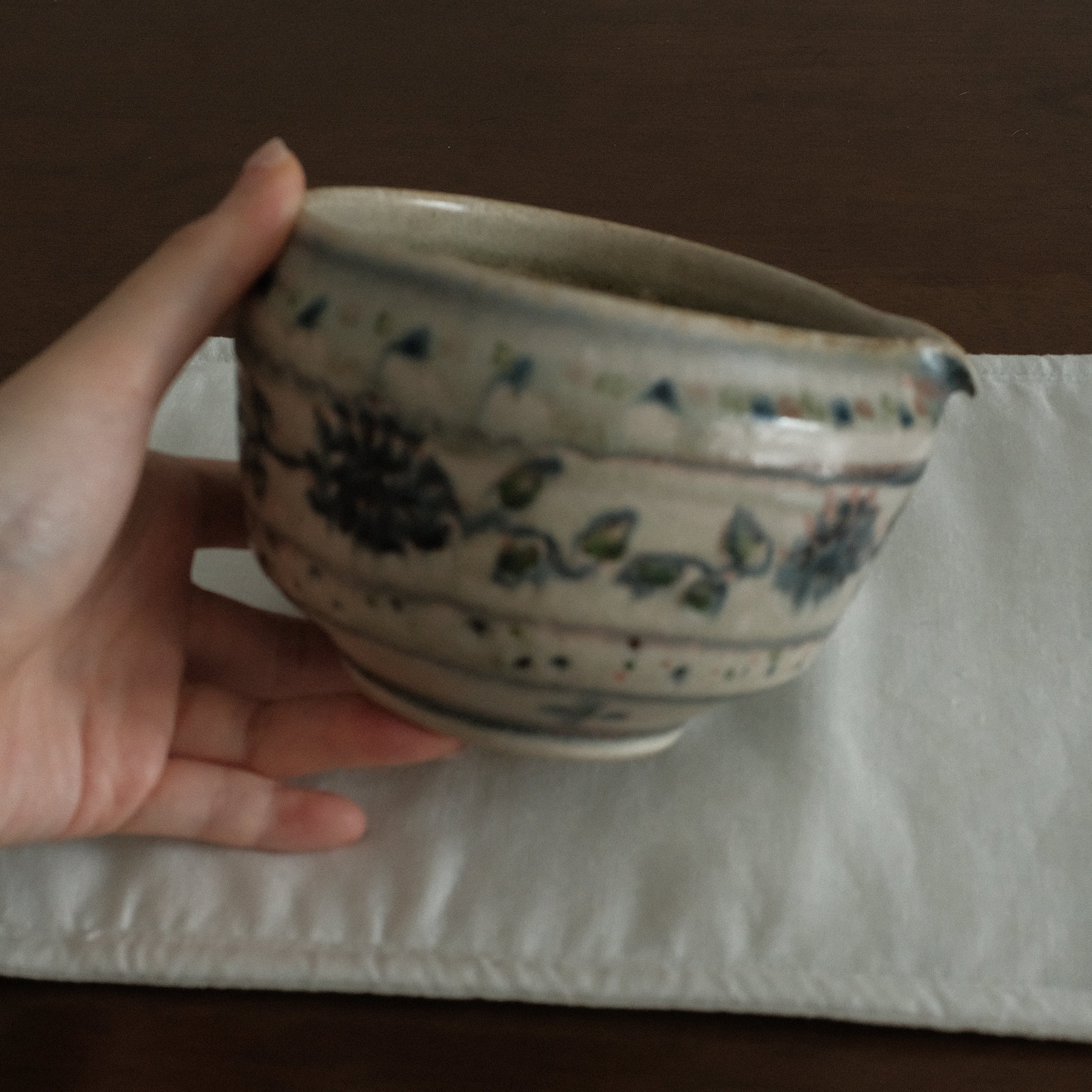 Annan Azure Retro Style Hand Painted Indigo Purple Floral Motifs Katakuchi Chawan Matcha Bowl with Spout Underglazed Ceramic Stoneware