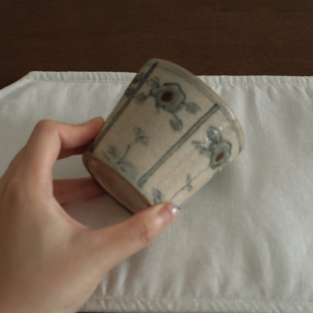 Annan Azure Retro Style Hand Painted Blue and White Floral Motifs Choko Cup Underglazed Stoneware Ceramic