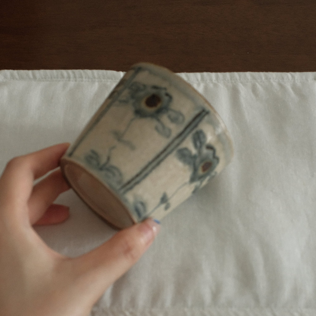 Annan Azure Retro Style Hand Painted Blue and White Floral Motifs Choko Cup Underglazed Stoneware Ceramic