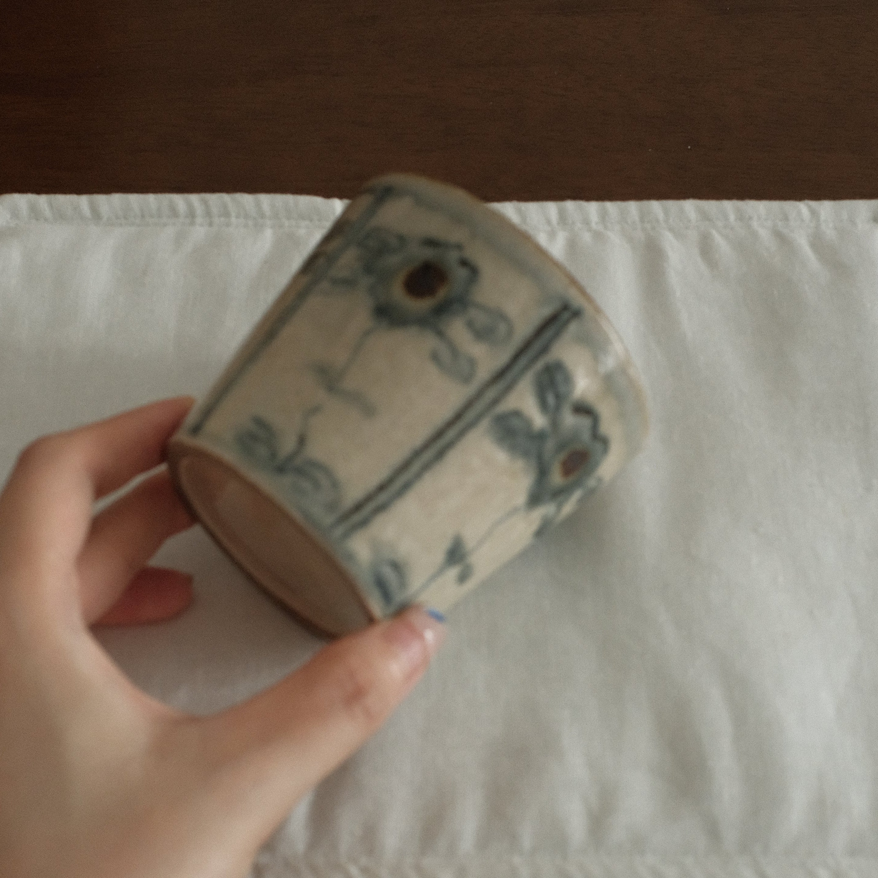 Annan Azure Retro Style Hand Painted Blue and White Floral Motifs Choko Cup Underglazed Stoneware Ceramic