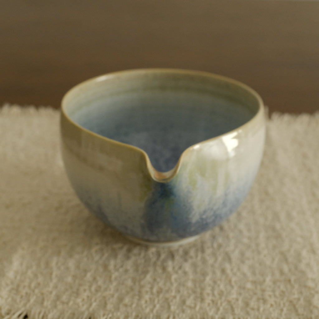 PG Handmade Blue Frozen Winter Lake Matte Glaze Katakuchi Chawan Matcha Bowl