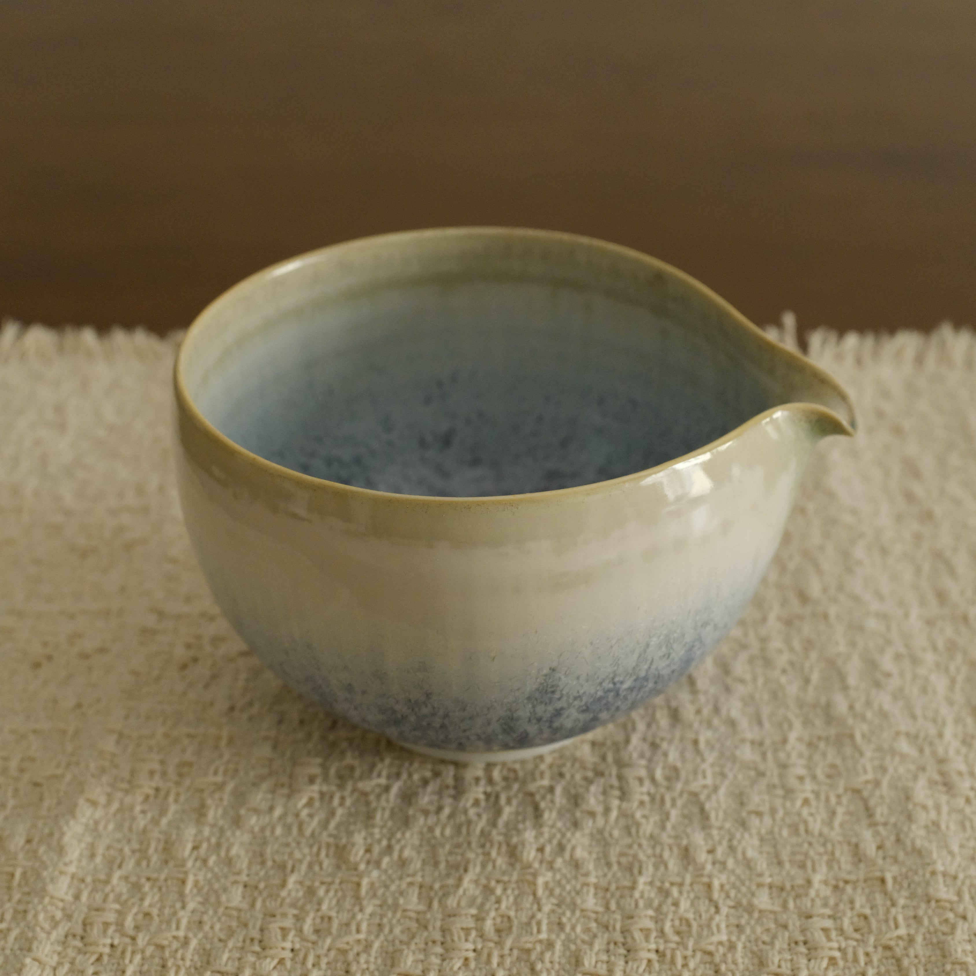 PG Handmade Blue Frozen Winter Lake Matte Glaze Katakuchi Chawan Matcha Bowl