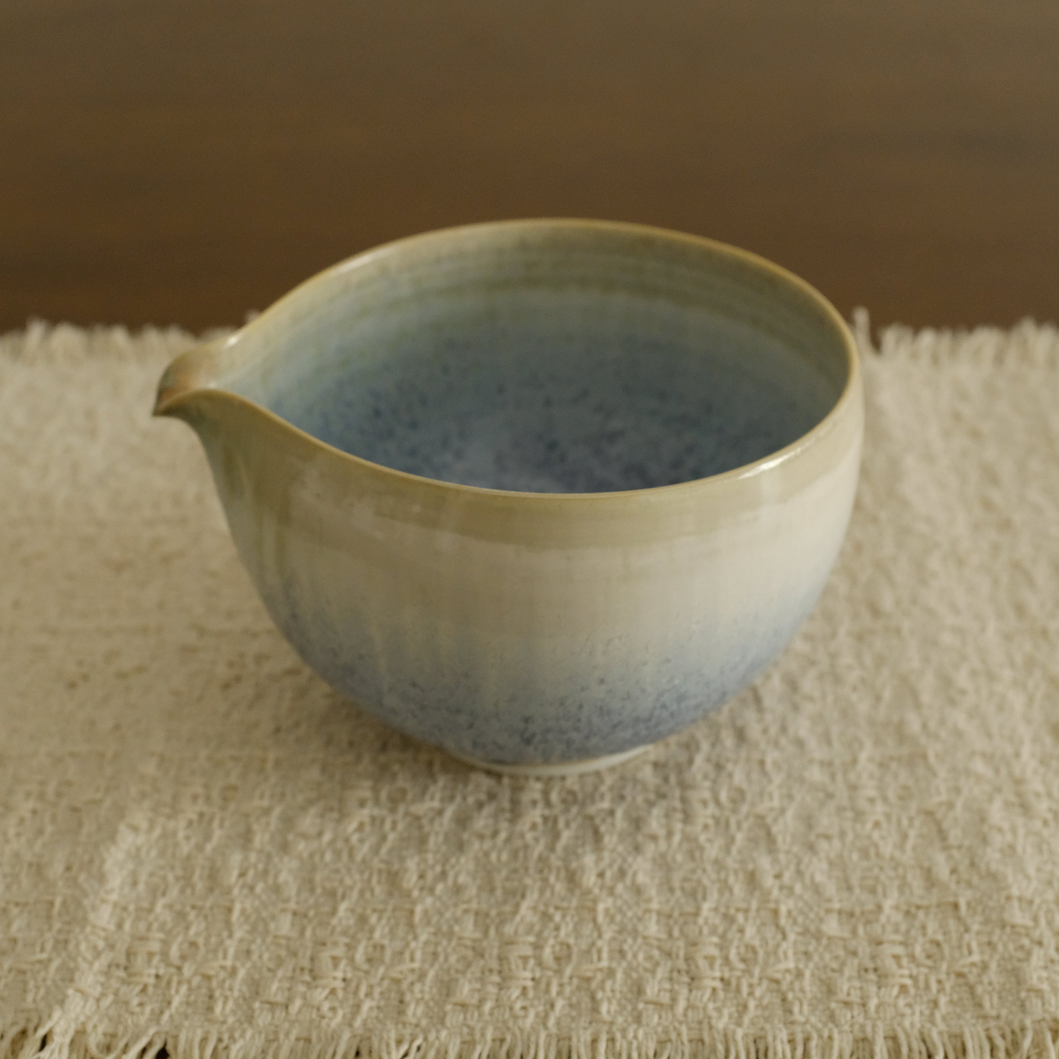 PG Handmade Blue Frozen Winter Lake Matte Glaze Katakuchi Chawan Matcha Bowl