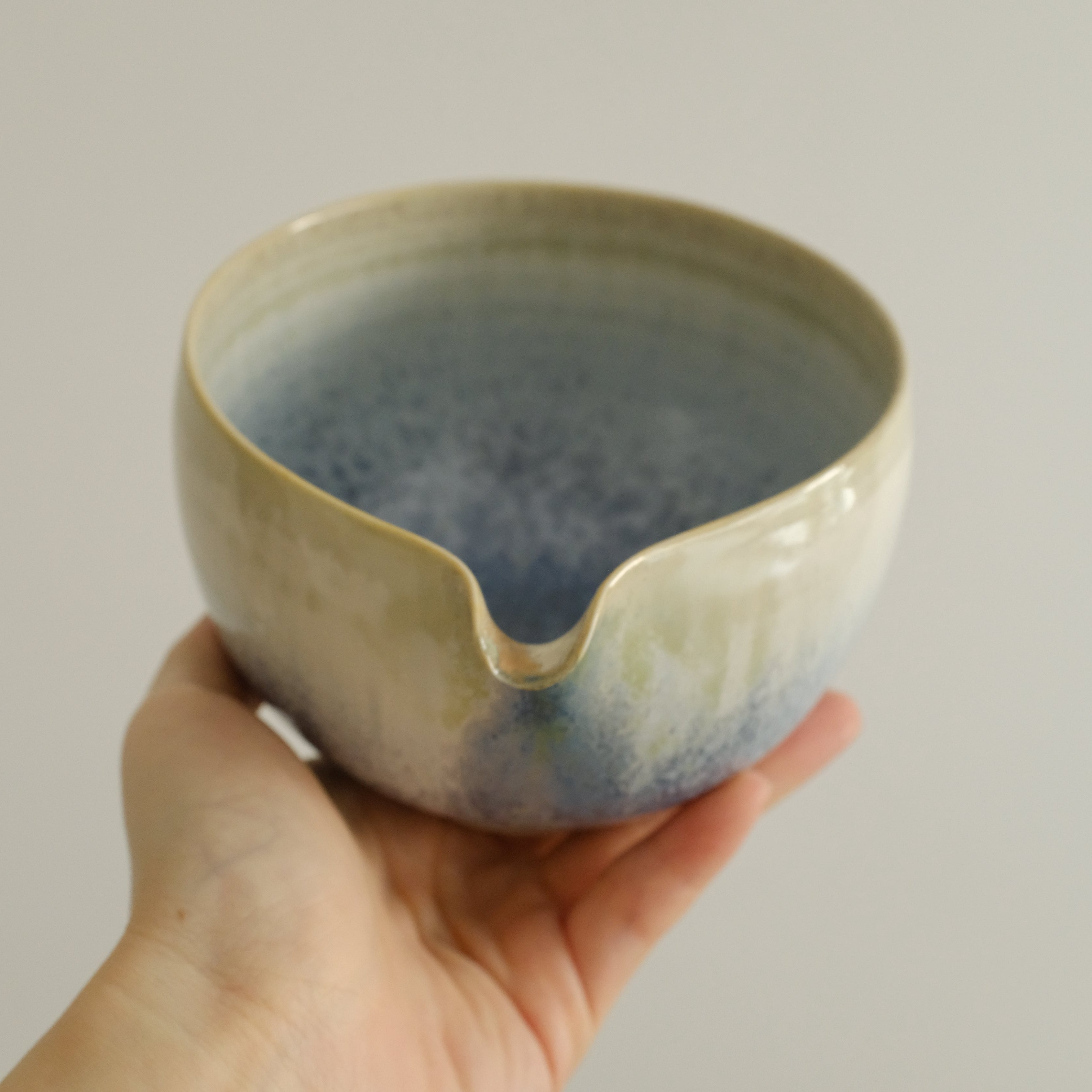 PG Handmade Blue Frozen Winter Lake Matte Glaze Katakuchi Chawan Matcha Bowl