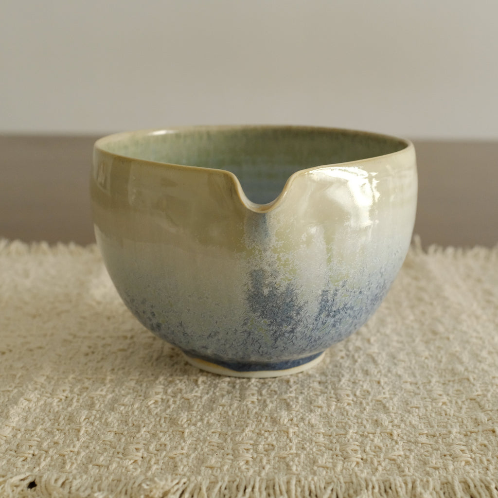 PG Handmade Blue Frozen Winter Lake Matte Glaze Katakuchi Chawan Matcha Bowl