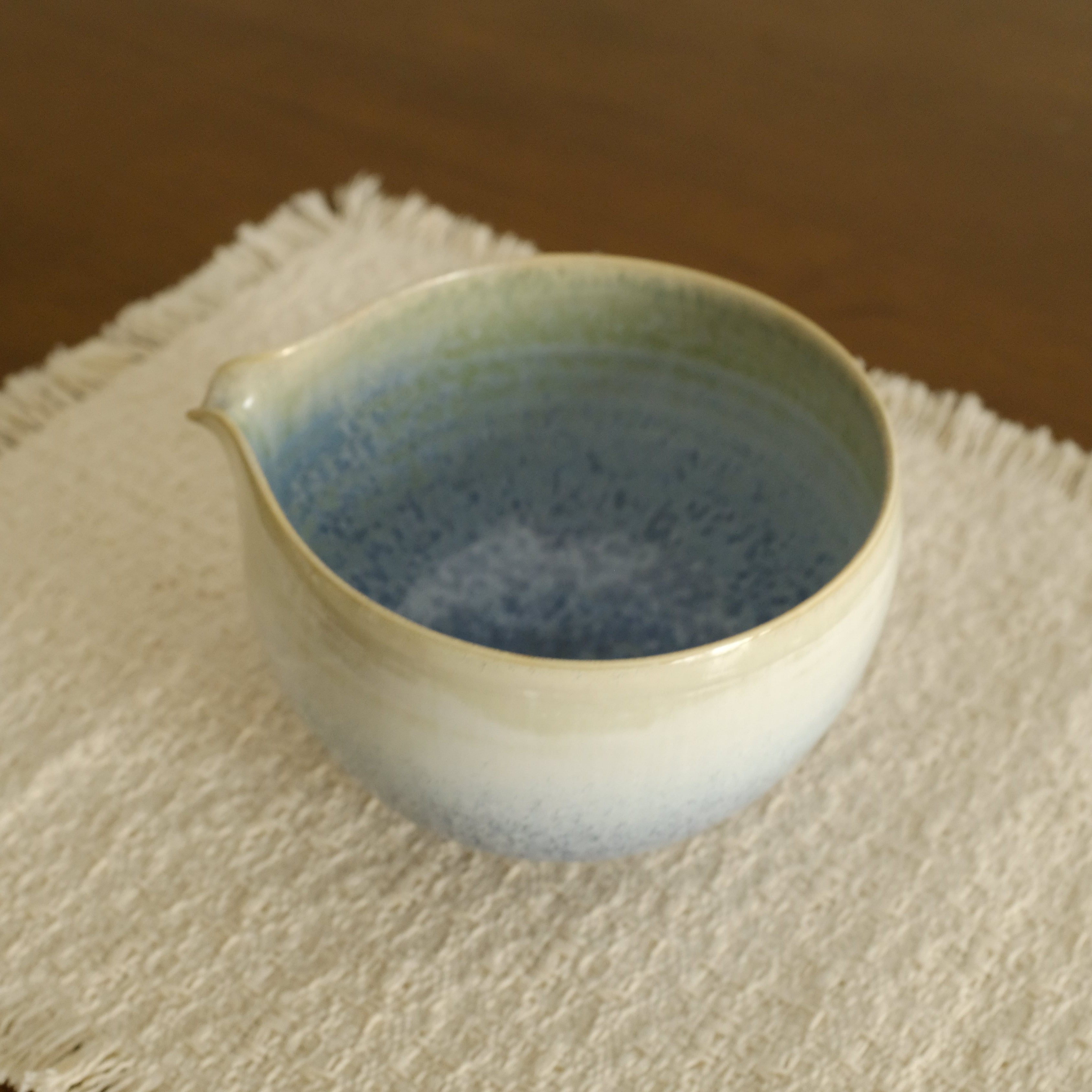 PG Handmade Blue Frozen Winter Lake Matte Glaze Katakuchi Chawan Matcha Bowl