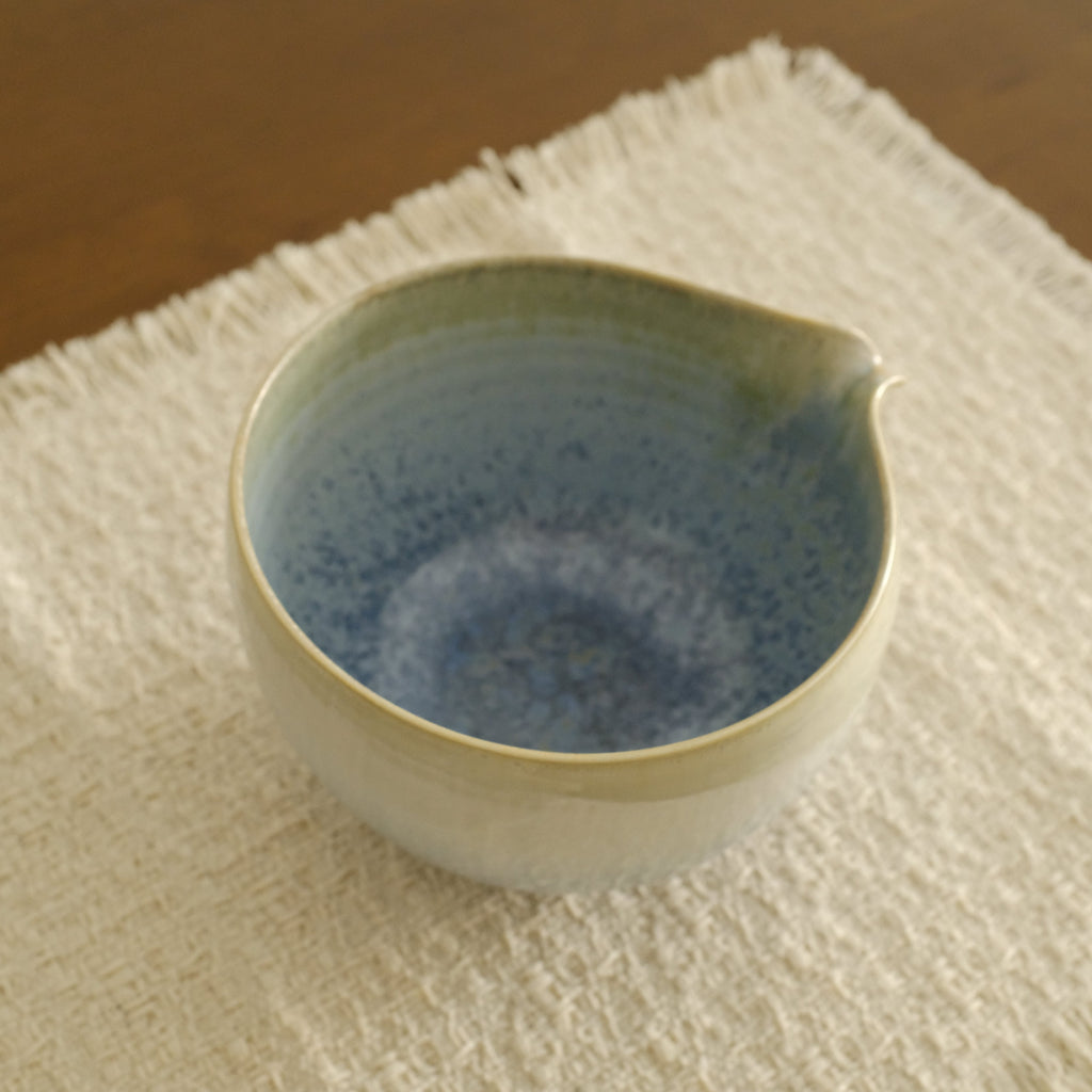 PG Handmade Blue Frozen Winter Lake Matte Glaze Katakuchi Chawan Matcha Bowl