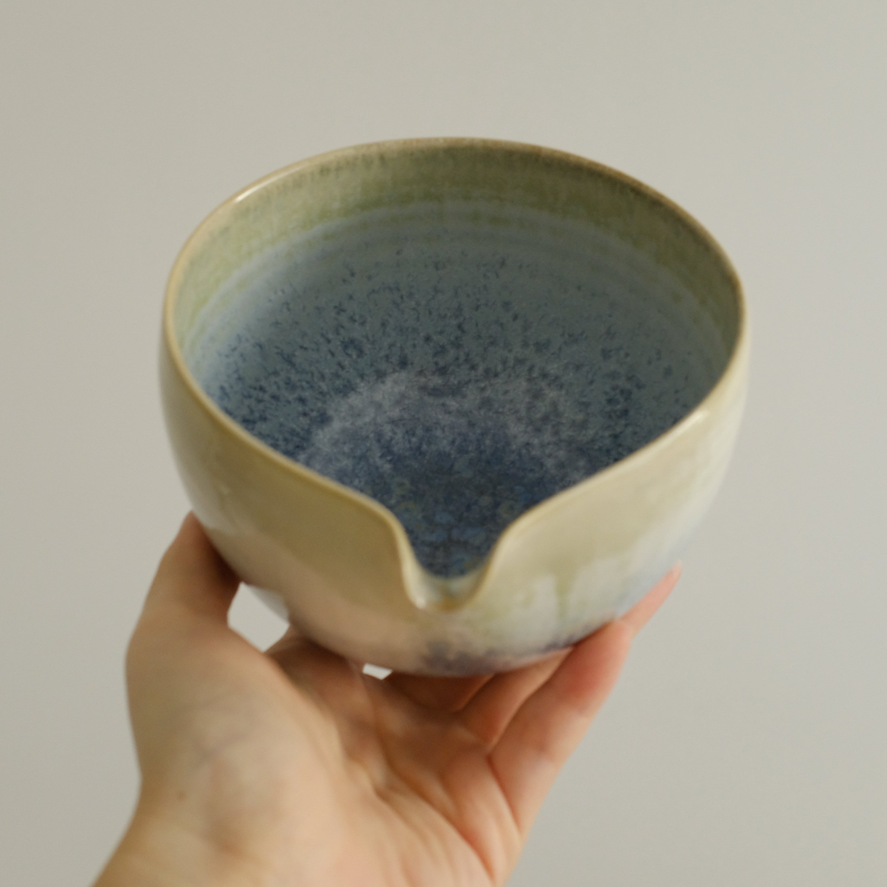 PG Handmade Blue Frozen Winter Lake Matte Glaze Katakuchi Chawan Matcha Bowl