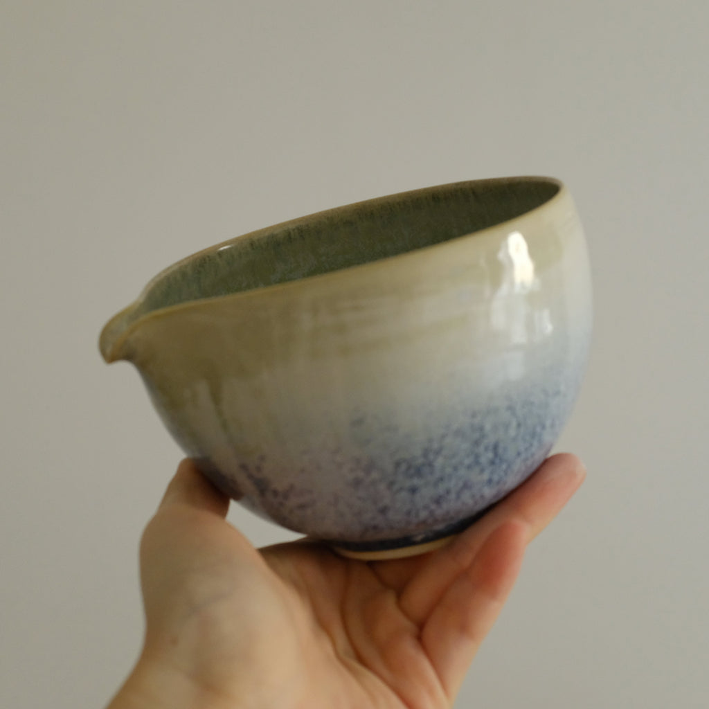 PG Handmade Blue Frozen Winter Lake Matte Glaze Katakuchi Chawan Matcha Bowl