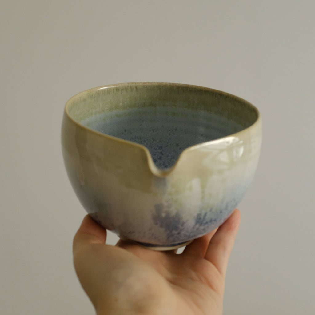 PG Handmade Blue Frozen Winter Lake Matte Glaze Katakuchi Chawan Matcha Bowl