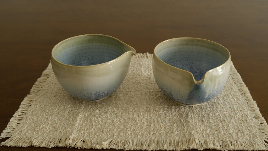 PG Handmade Blue Frozen Winter Lake Matte Glaze Katakuchi Chawan Matcha Bowl