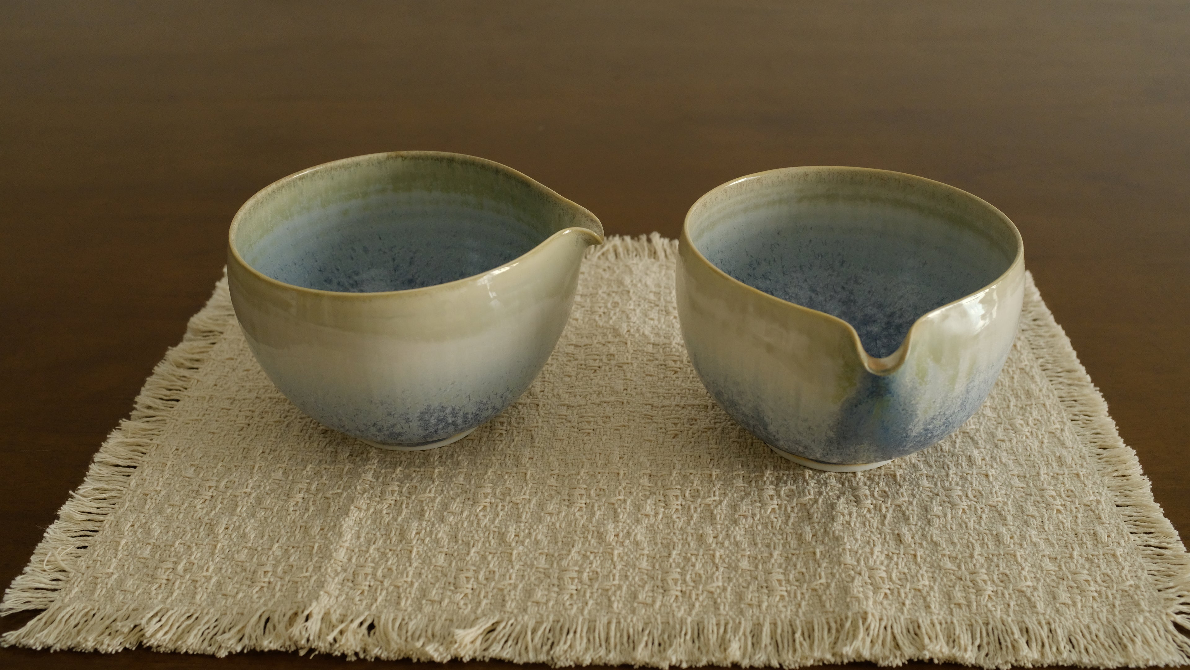 PG Handmade Blue Frozen Winter Lake Matte Glaze Katakuchi Chawan Matcha Bowl
