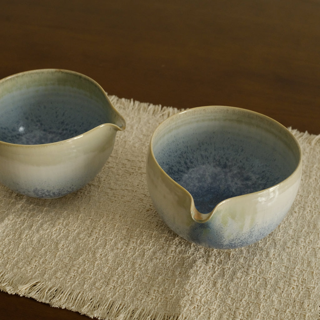 PG Handmade Blue Frozen Winter Lake Matte Glaze Katakuchi Chawan Matcha Bowl