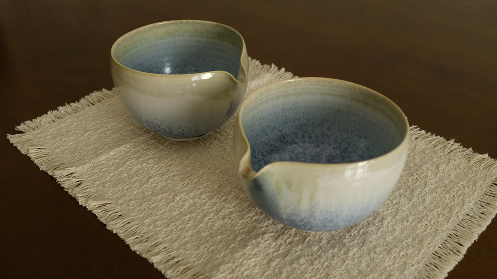 PG Handmade Blue Frozen Winter Lake Matte Glaze Katakuchi Chawan Matcha Bowl