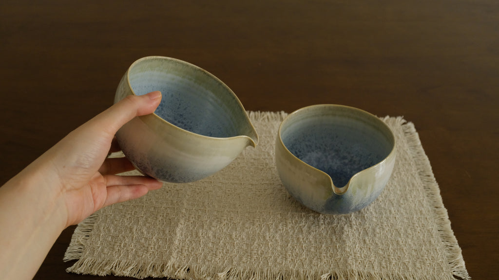 PG Handmade Blue Frozen Winter Lake Matte Glaze Katakuchi Chawan Matcha Bowl