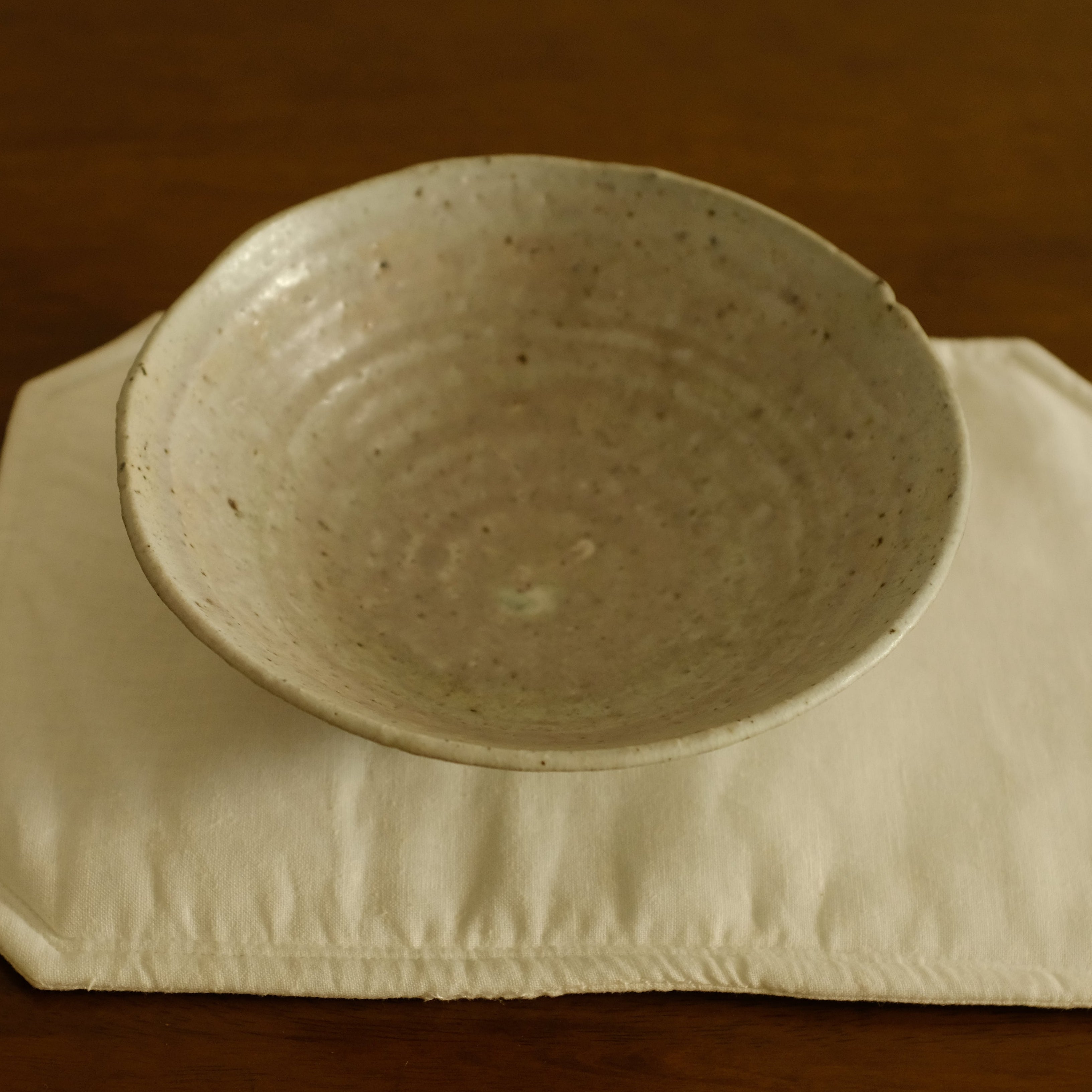 Qian Pin Fan Handmade Pink Green Textured Flared Bowl Powdered Glaze Ceramic