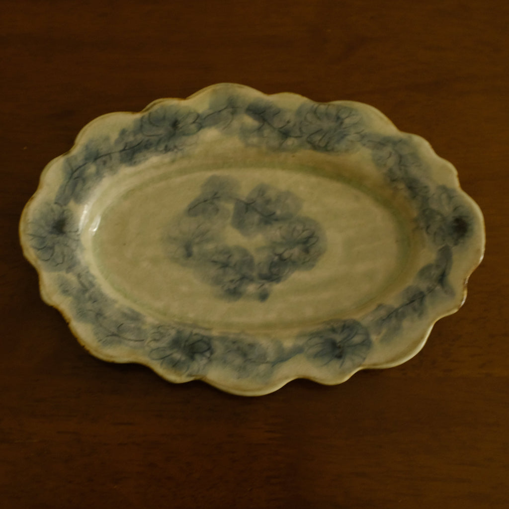 Annan Azure Retro Style Hand Painted Floral Rim Decorative Shiboride Blue White Floral Pattern Oval Plate Underglazed Stoneware Ceramic