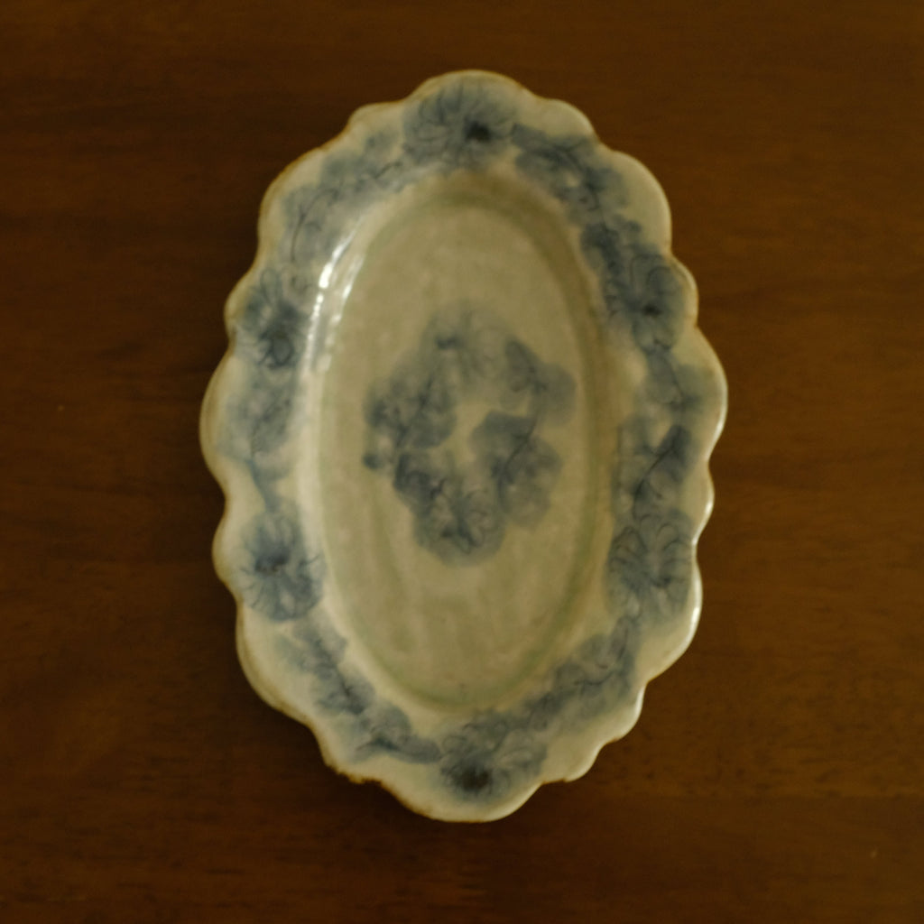 Annan Azure Retro Style Hand Painted Floral Rim Decorative Shiboride Blue White Floral Pattern Oval Plate Underglazed Stoneware Ceramic