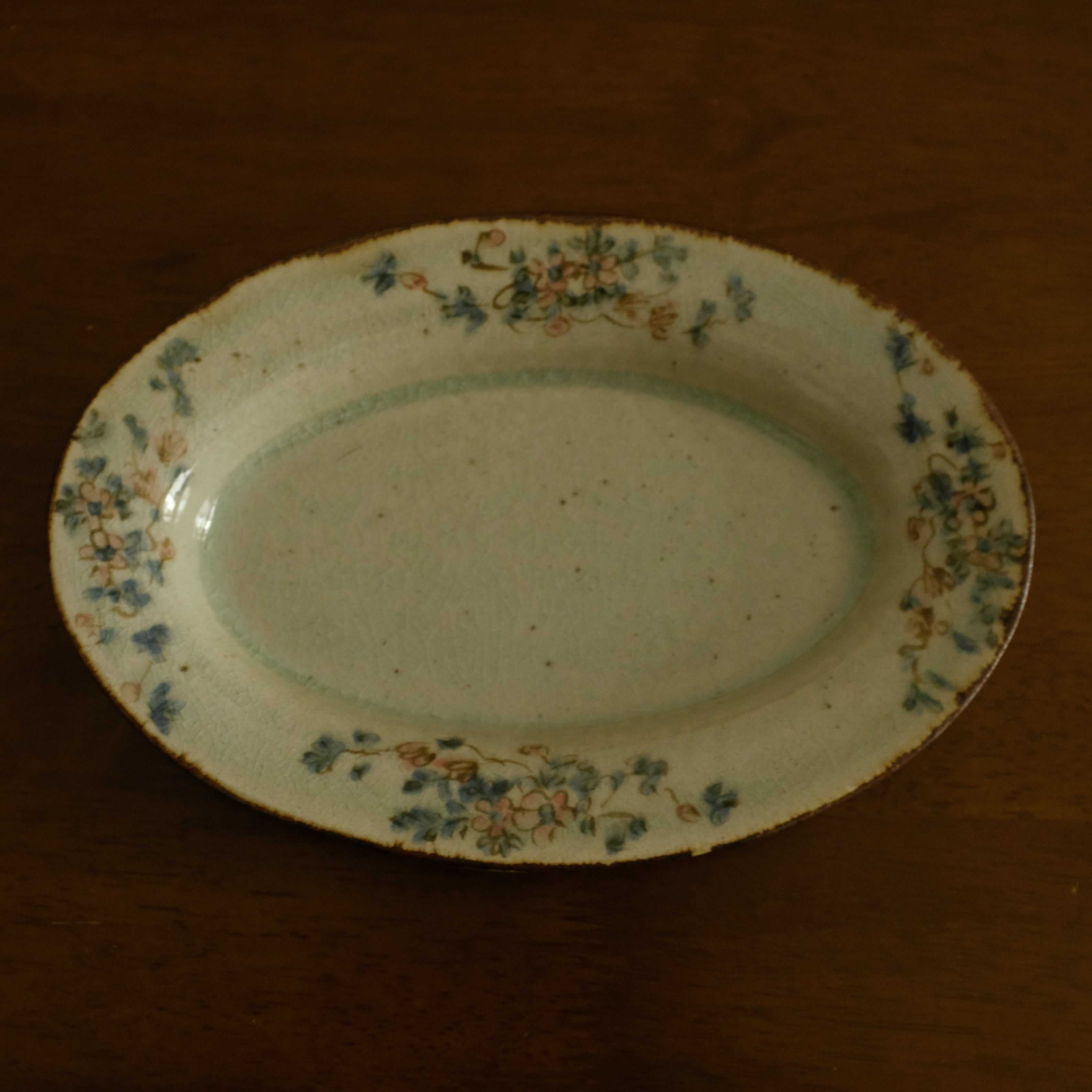 Annan Azure Retro Style Hand Painted Delicate Pink Cluster Flowers Oval Deep Plate Underglazed Stoneware Ceramic