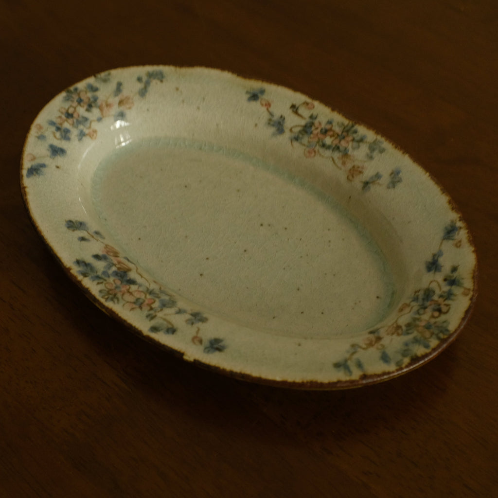 Annan Azure Retro Style Hand Painted Delicate Pink Cluster Flowers Oval Deep Plate Underglazed Stoneware Ceramic