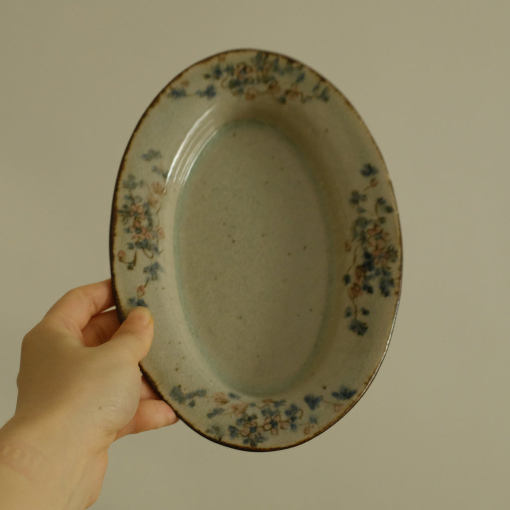 Annan Azure Retro Style Hand Painted Delicate Pink Cluster Flowers Oval Deep Plate Underglazed Stoneware Ceramic