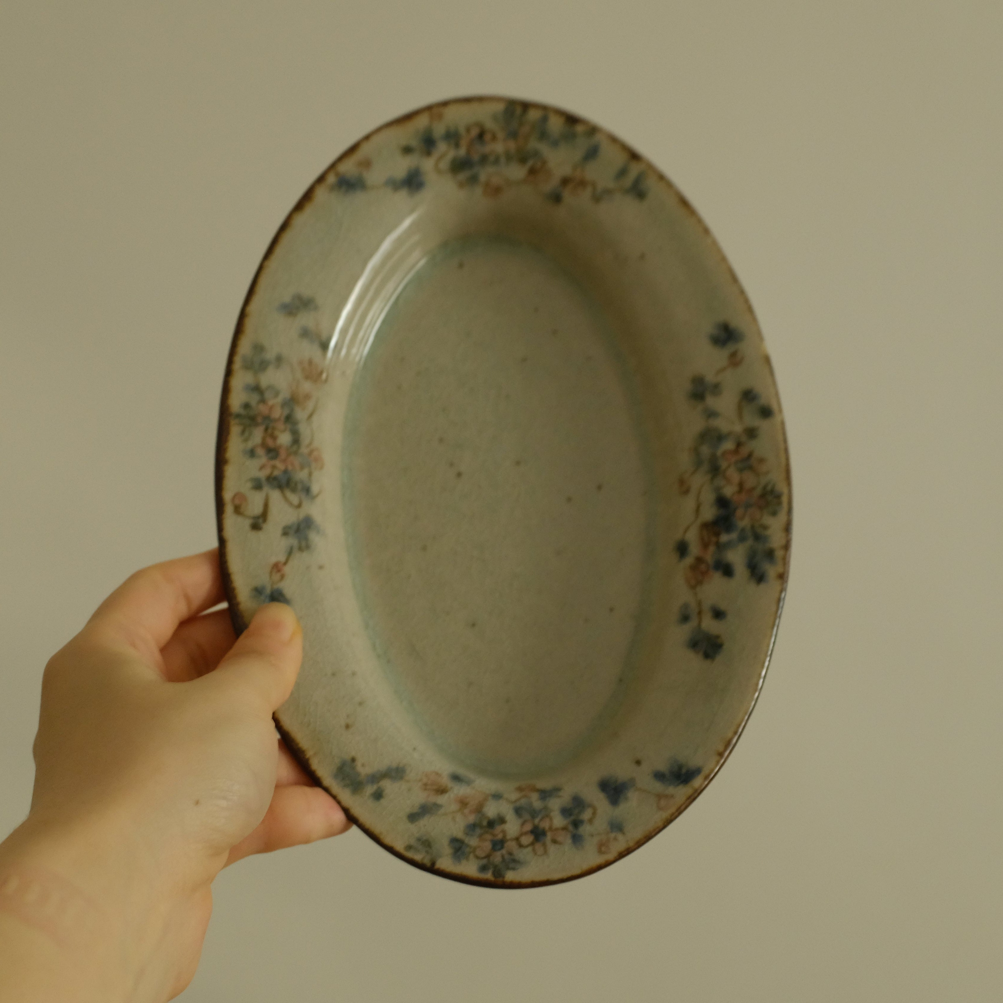 Annan Azure Retro Style Hand Painted Delicate Pink Cluster Flowers Oval Deep Plate Underglazed Stoneware Ceramic