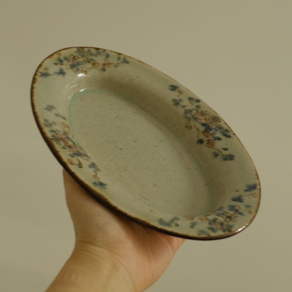 Annan Azure Retro Style Hand Painted Delicate Pink Cluster Flowers Oval Deep Plate Underglazed Stoneware Ceramic