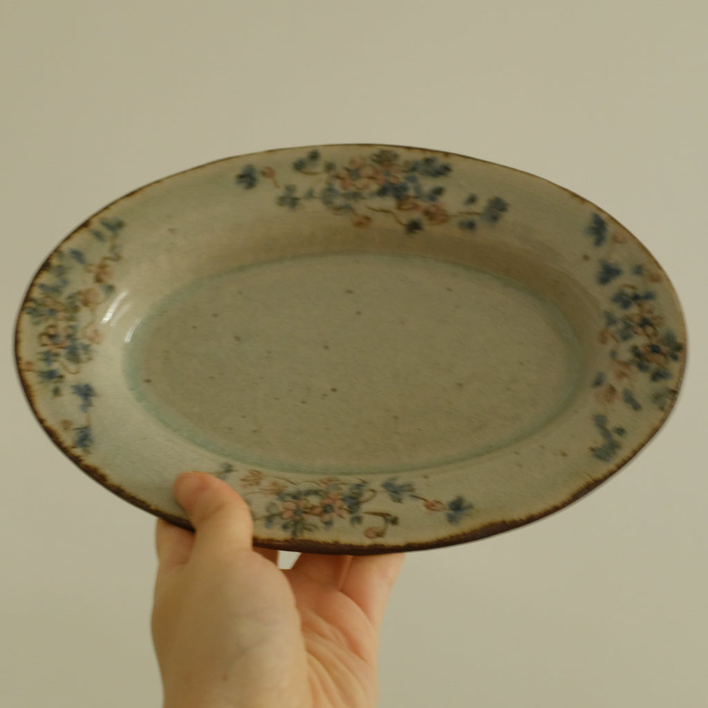 Annan Azure Retro Style Hand Painted Delicate Pink Cluster Flowers Oval Deep Plate Underglazed Stoneware Ceramic