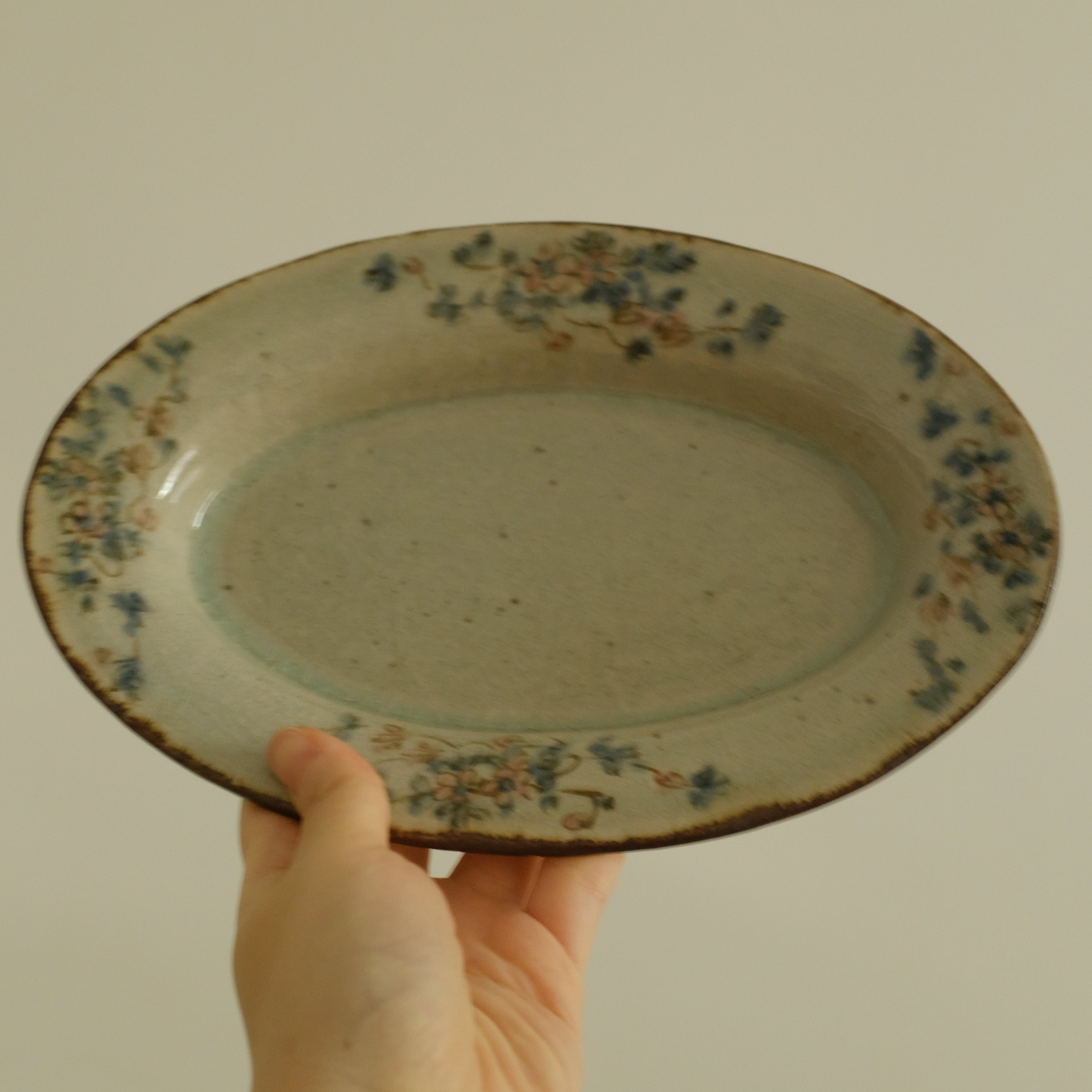 Annan Azure Retro Style Hand Painted Delicate Pink Cluster Flowers Oval Deep Plate Underglazed Stoneware Ceramic